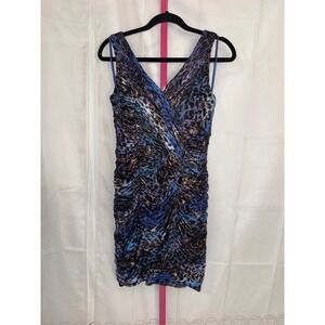 Cache Womens Sheath Dress Blue Leopard Print Ruched V Neck Sleeveless Size 4